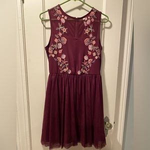 Maroon Floral Embroidered Tulle Dress